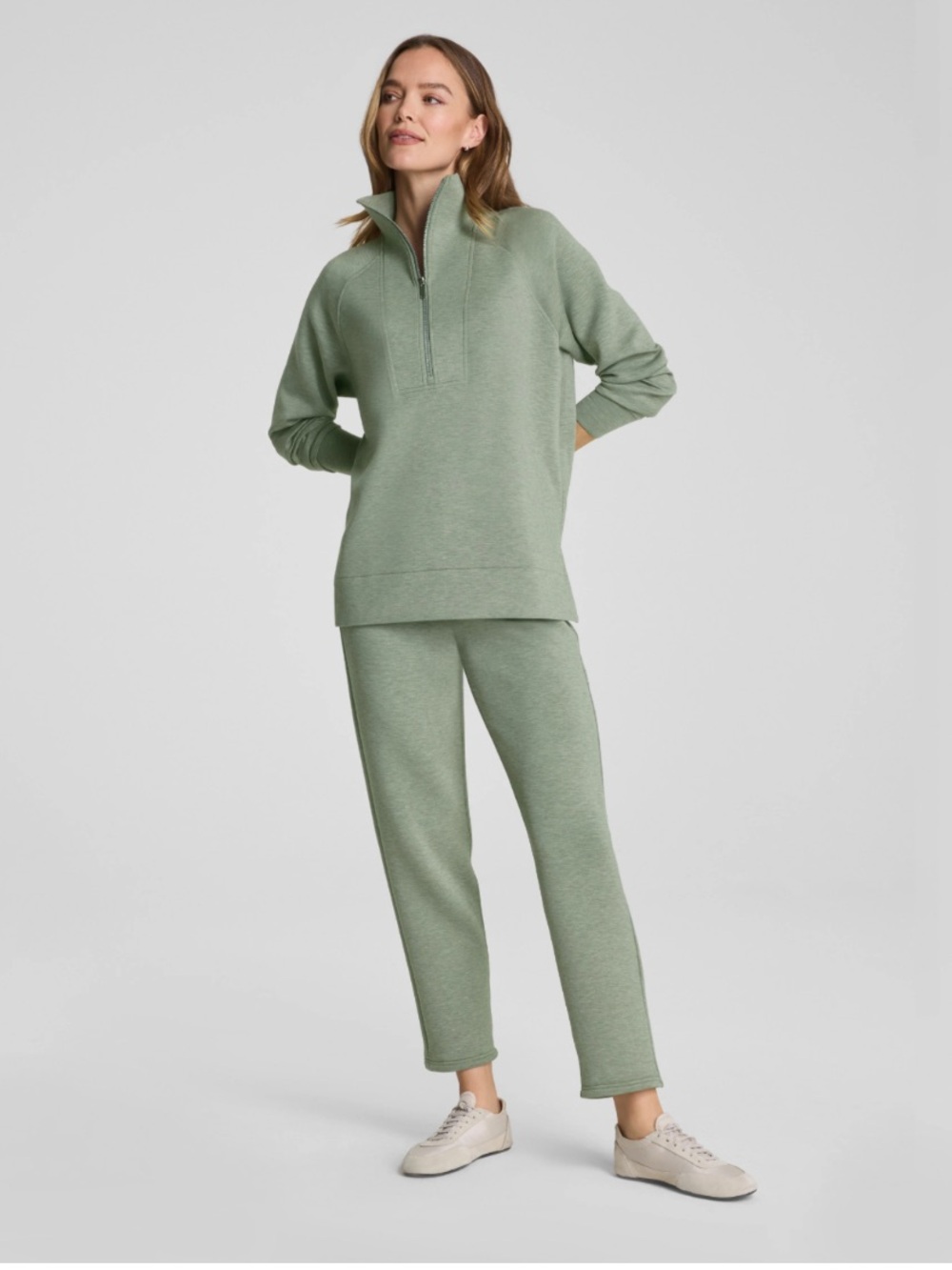 Spanx SET Airessentials Half-Zip Sweatshirt Slim Straight Pants in Sage Brushed